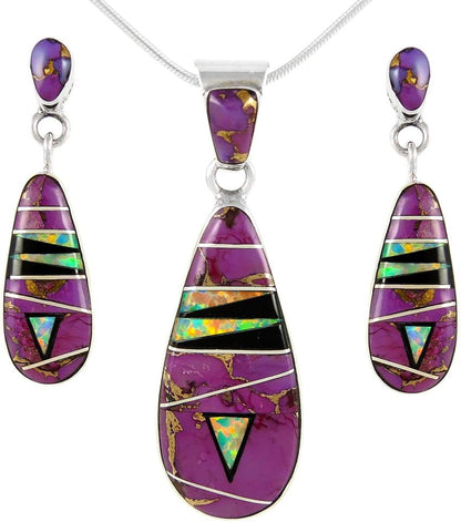 Matching Turquoise & Gemstones Set 925 Sterling Silver (Pendant, Earrings, Necklace 20")