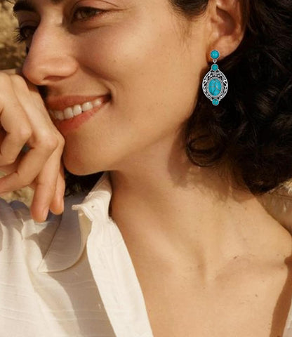Genuine Turquoise Dangle Vintage Earrings, Sterling Silver Boho Native American Western Jewelry for Women