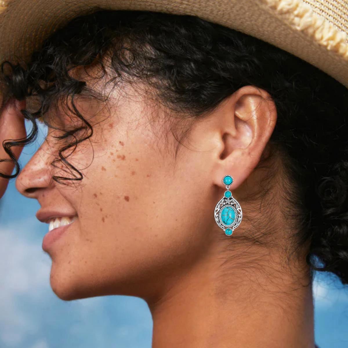 Genuine Turquoise Dangle Vintage Earrings, Sterling Silver Boho Native American Western Jewelry for Women