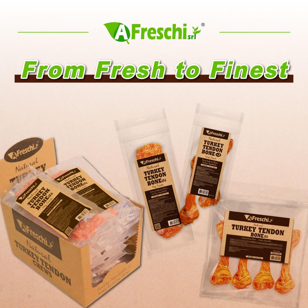 AFreschi Turkey Tendons for Dogs, USA-Sourced, Healthy Dog Treats, Rawhide-Free Puppy Chews, Long Lasting, All Natural, Hypoallergenic Dog Treats for Large Breeds, 1 Count Pack Bone (L)