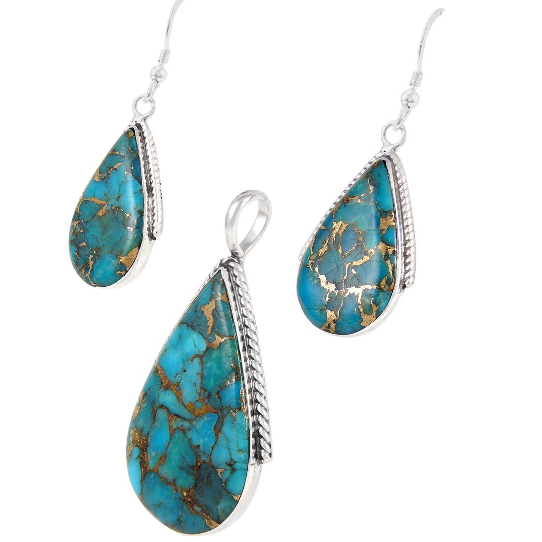 Turquoise Network Genuine Gemstones Necklace Earrings Pendant Set in 925 Sterling Silver (24" Length)