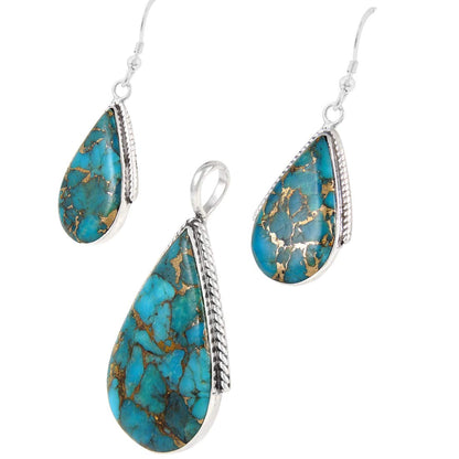 Turquoise Network Genuine Gemstones Necklace Earrings Pendant Set in 925 Sterling Silver (24" Length)