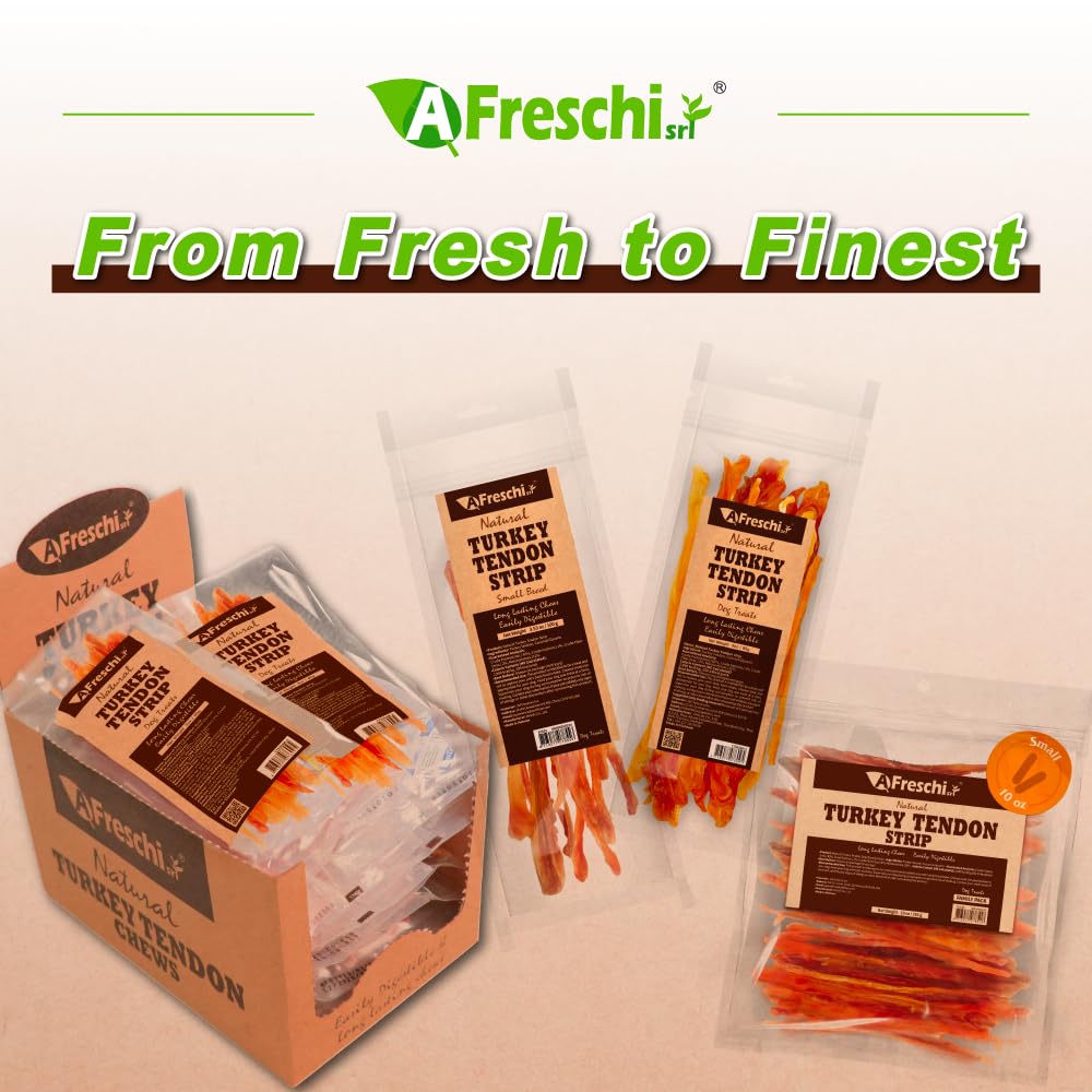 A Freschi srl Turkey Tendons for Dogs, USA-Sourced, Healthy Dog Treats, Rawhide-Free Puppy Chews, Long Lasting, All Natural, Hypoallergenic Dog Treats for Small Breeds, 40 Count Box Bone (S)