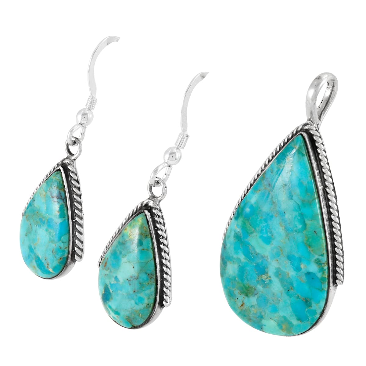 Turquoise Network Genuine Gemstones Necklace Earrings Pendant Set in 925 Sterling Silver (24" Length)