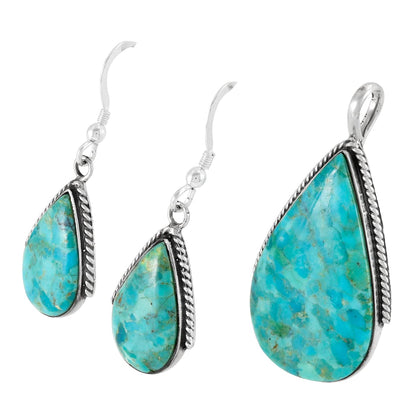 Turquoise Network Genuine Gemstones Necklace Earrings Pendant Set in 925 Sterling Silver (24" Length)
