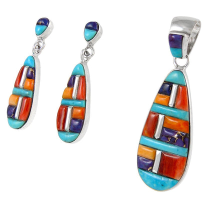 Matching Turquoise & Gemstones Set 925 Sterling Silver (Pendant, Earrings, Necklace 20")