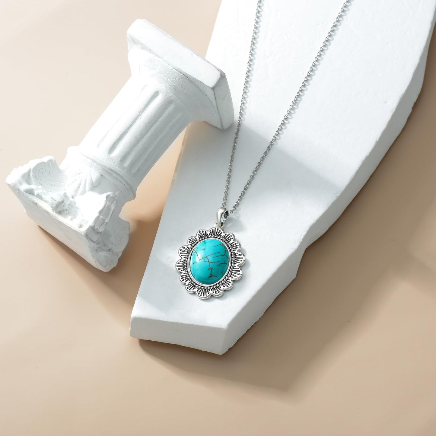 Turquoise Necklace 925 Sterling Silver Natural Turquoise Gemstone Pendant Vintage Bohemian Western Jewelry Gifts for Women