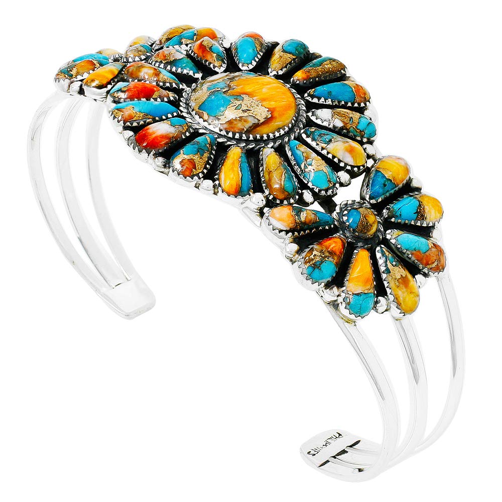 Turquoise Network Southwest Style Genuine Gemstones 925 Sterling Silver Cluster Bracelet