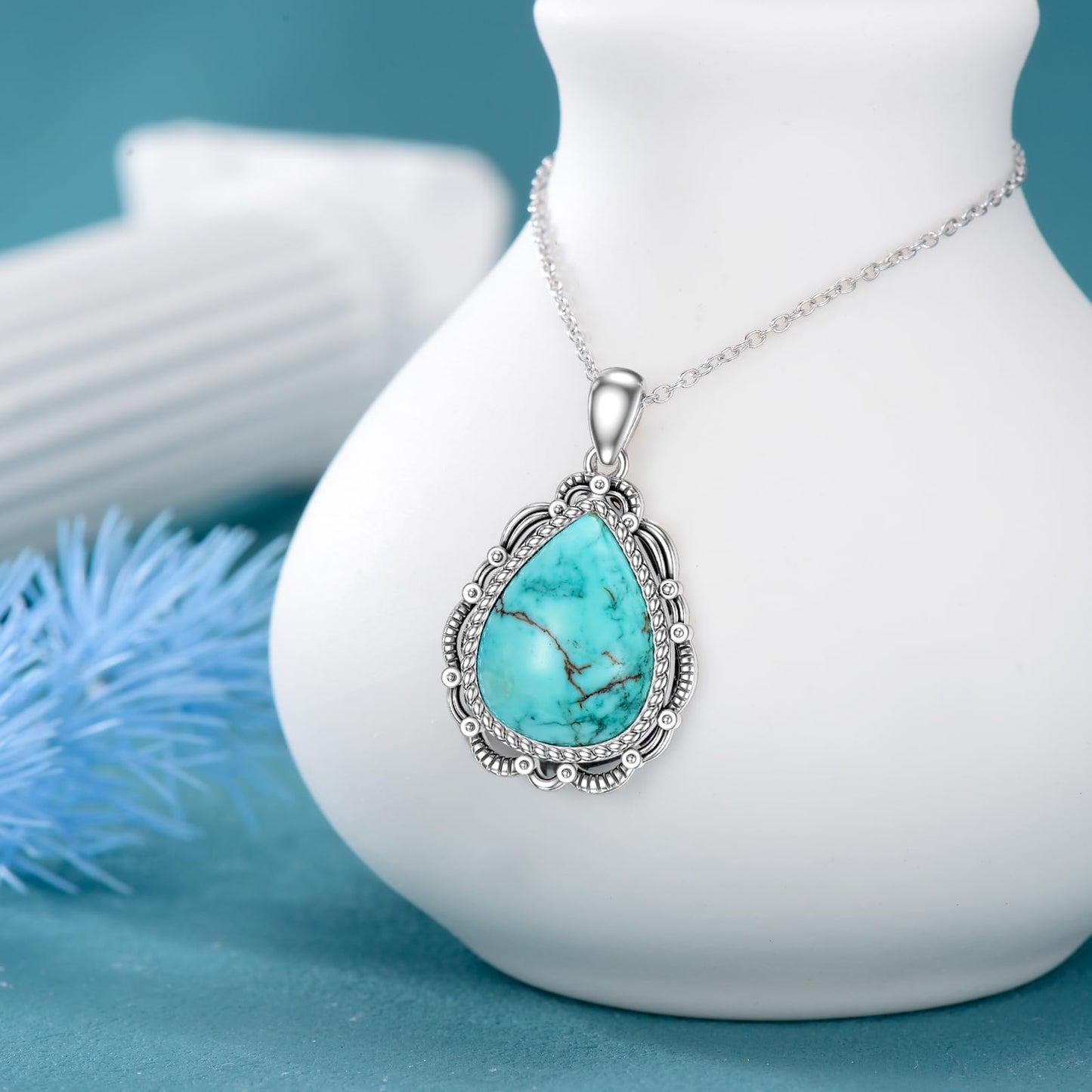 Turquoise Necklace 925 Sterling Silver Natural Turquoise Gemstone Pendant Vintage Bohemian Western Jewelry Gifts for Women