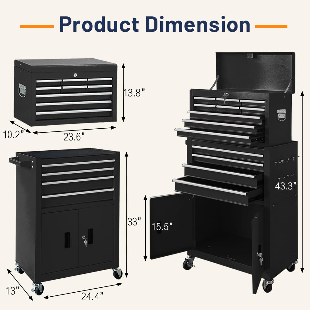 13-Drawer Double Door Rolling Tool Chest, 2 in 1 Detachable Tool Chest,Tool Box with Drawers and Wheels, Large Tool Cabinet with Lock, Metal Standing Toolbox for Garage Workshop-Red