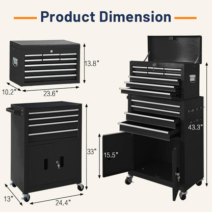 13-Drawer Double Door Rolling Tool Chest, 2 in 1 Detachable Tool Chest,Tool Box with Drawers and Wheels, Large Tool Cabinet with Lock, Metal Standing Toolbox for Garage Workshop-Red