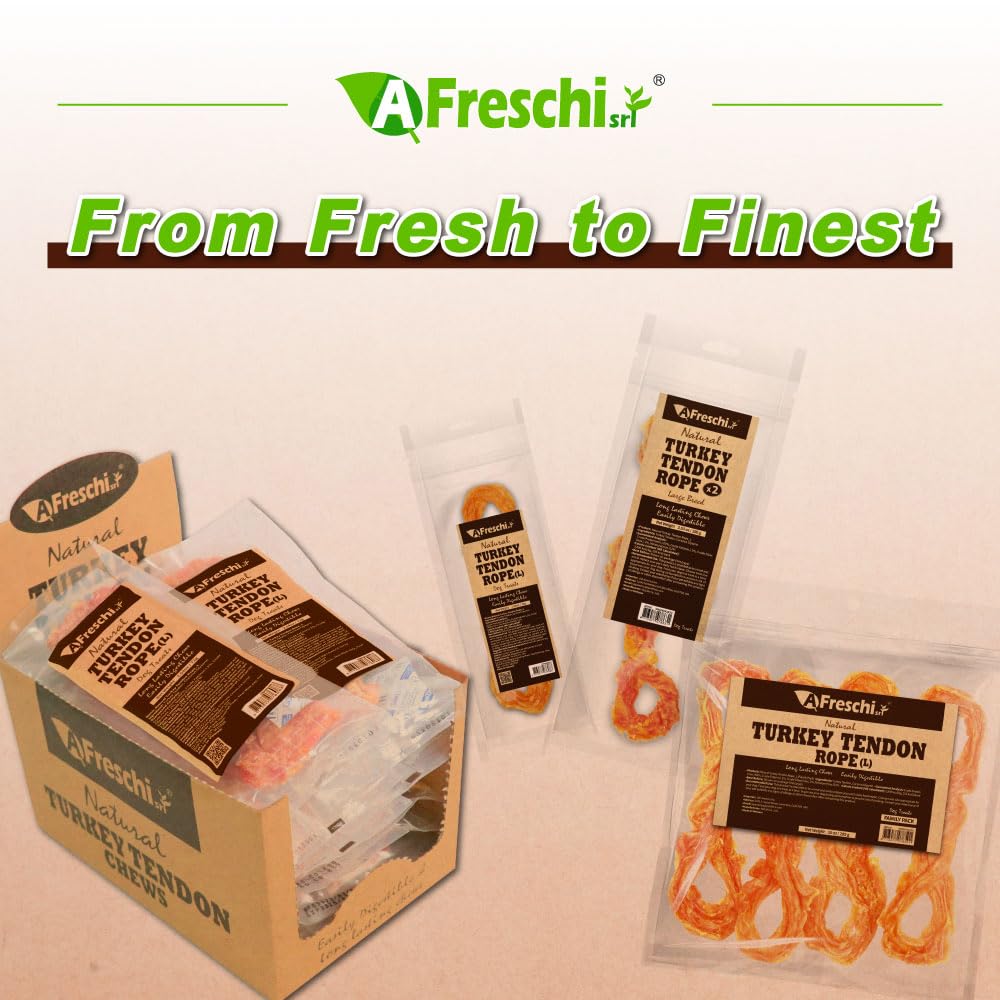 AFreschi Turkey Tendons for Dogs, USA-Sourced, Healthy Dog Treats, Rawhide-Free Puppy Chews, Long Lasting, All Natural, Hypoallergenic Dog Treats for Large Breeds, 1 Count Pack Bone (L)