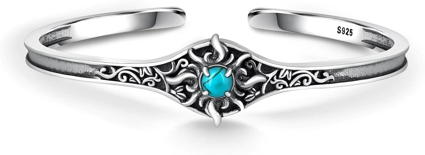 Genuine Turquoise Bracelet 925 Sterling Silver Sun Turquoise Cuff Bracelet Vintage Western Turquoise Jewelry for Women