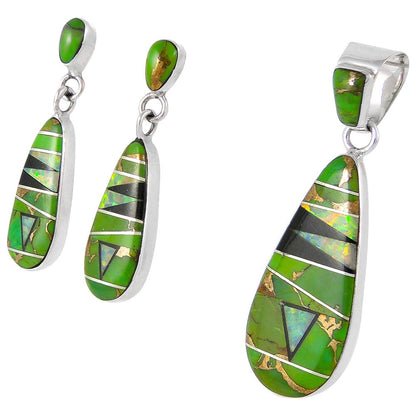 Matching Turquoise & Gemstones Set 925 Sterling Silver (Pendant, Earrings, Necklace 20")