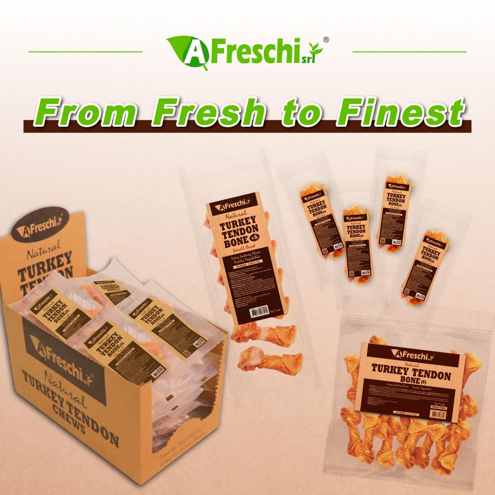 A Freschi srl Turkey Tendons for Dogs, USA-Sourced, Healthy Dog Treats, Rawhide-Free Puppy Chews, Long Lasting, All Natural, Hypoallergenic Dog Treats for Small Breeds, 40 Count Box Bone (S)