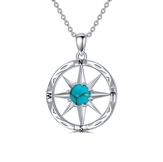 Compass Necklace 925 Sterling Silver Genuine Turquoise Nautical Compass Pendant Dream Graduation Inspirational Jewelry Gifts for Women