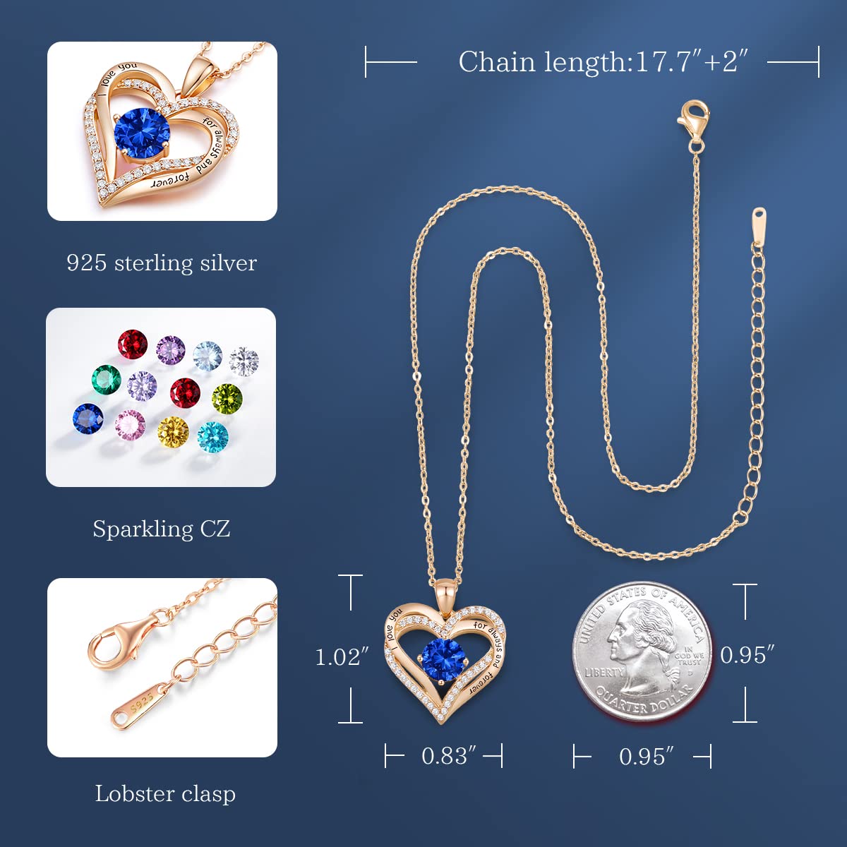 CDE Forever Love Heart Necklaces for Women, Wedding Anniversary, Birthday Mothers Day Christmas Day Gifts for Mom, Mother, Wife, friend, S925 Silver Jewelry with Birthstone Pendant