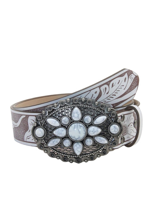 Women's Turquoise Belt Western Cowgirl Belt Vintage Floral Embossed Buckle Leather Waist Belts