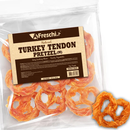 AFreschi Turkey Tendons for Dogs, USA-Sourced, Healthy Dog Treats, Rawhide-Free Puppy Chews, Long Lasting, All Natural, Hypoallergenic Dog Treats for Medium Breeds, 6 Count Pack Braid (M)