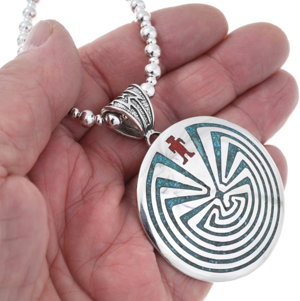 Alltribes Man In The Maze Turquoise Coral Sterling Pendant Inlaid Concho With Silver Bead Necklace 0084