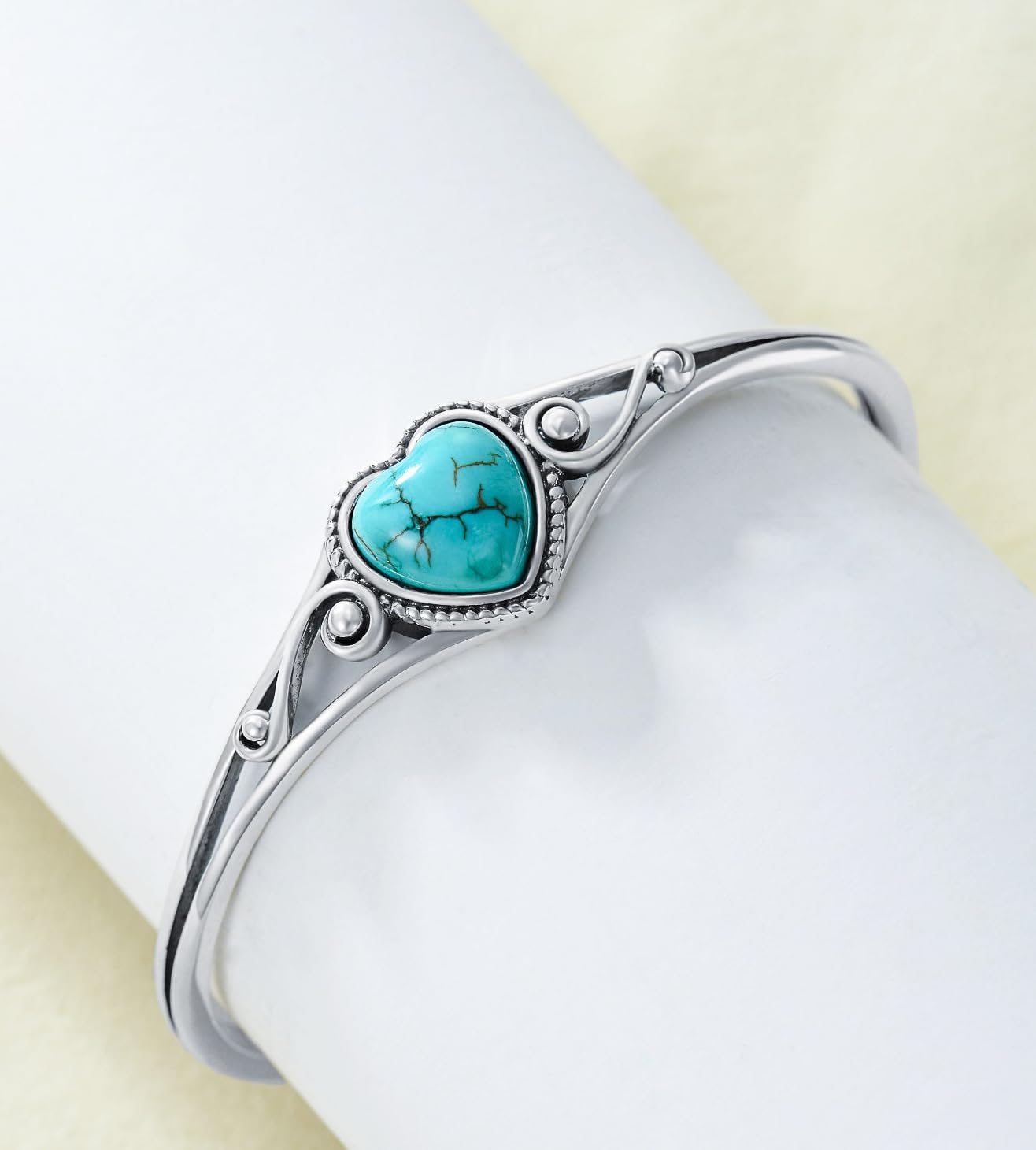 Genuine Turquoise Bracelet, Sterling Silver Native American Boho Adjustable Heart Bangle Cuff Jewelry for Women, Fit for 6.5 7 7.5 Inches