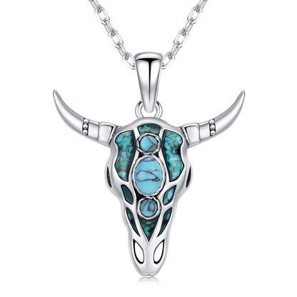 Midir&Etain Western Necklace 925 Sterling Silver Turquoise Pendant Highland Cow/Cow Skull/Hat/Tag/Cactus/Boot Cowgirl Country Jewelry for Women Men