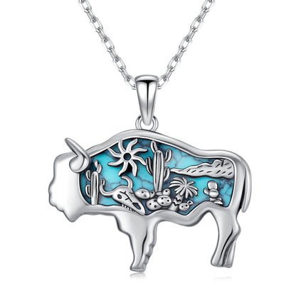 Midir&Etain Western Necklace 925 Sterling Silver Turquoise Pendant Highland Cow/Cow Skull/Hat/Tag/Cactus/Boot Cowgirl Country Jewelry for Women Men