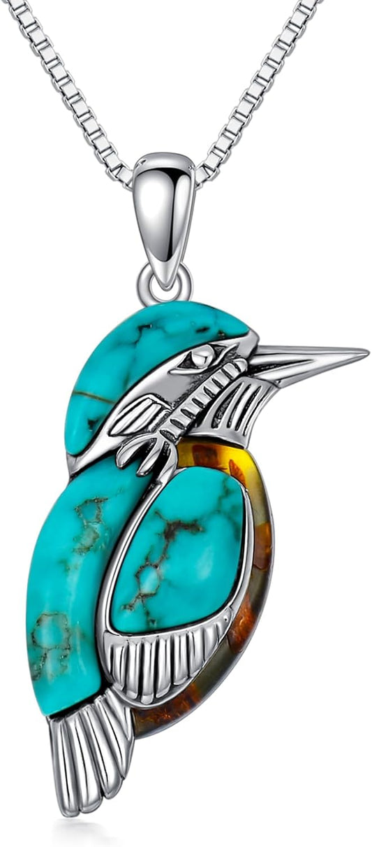 Turquoise with Amber Bird Pendant Necklace, Sterling Silver Genuine Boho Western Jewelry Gift for Birthday
