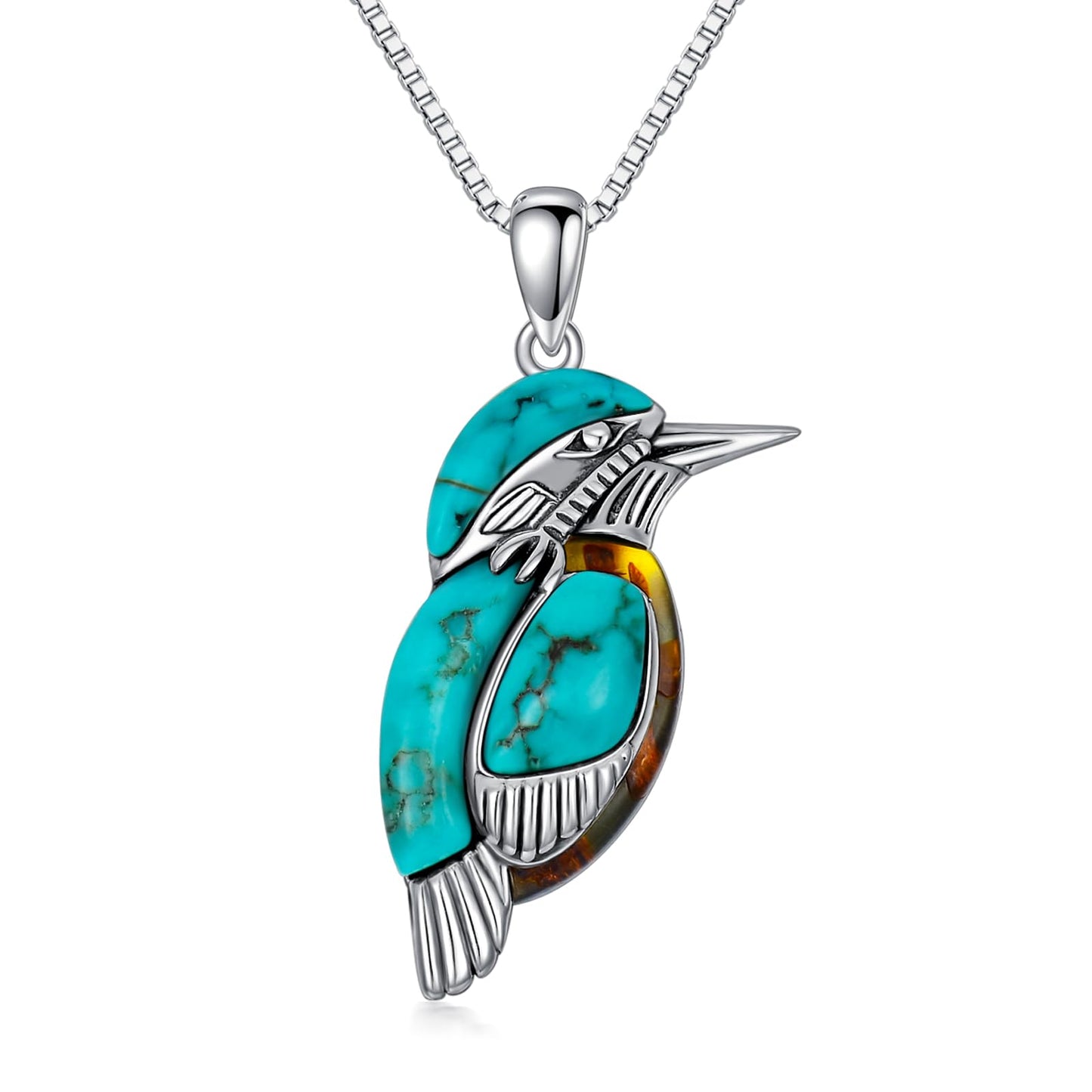 Turquoise with Amber Bird Pendant Necklace, Sterling Silver Genuine Boho Western Jewelry Gift for Birthday