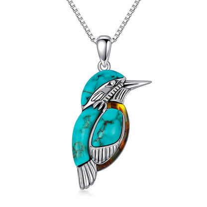 Turquoise with Amber Bird Pendant Necklace, Sterling Silver Genuine Boho Western Jewelry Gift for Birthday