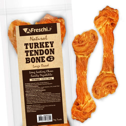 AFreschi Turkey Tendons for Dogs, USA-Sourced, Healthy Dog Treats, Rawhide-Free Puppy Chews, Long Lasting, All Natural, Hypoallergenic Dog Treats for Large Breeds, 1 Count Pack Bone (L)