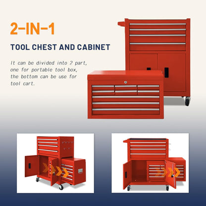 13-Drawer Double Door Rolling Tool Chest, 2 in 1 Detachable Tool Chest,Tool Box with Drawers and Wheels, Large Tool Cabinet with Lock, Metal Standing Toolbox for Garage Workshop-Red