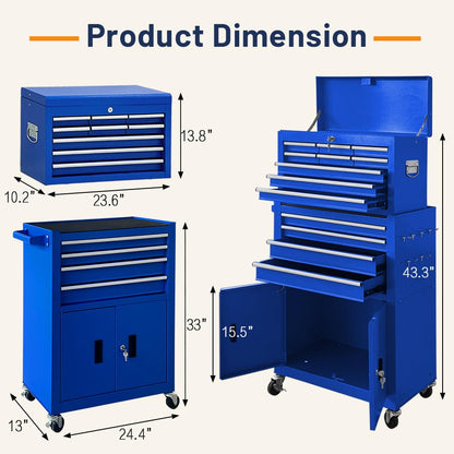 13-Drawer Double Door Rolling Tool Chest, 2 in 1 Detachable Tool Chest,Tool Box with Drawers and Wheels, Large Tool Cabinet with Lock, Metal Standing Toolbox for Garage Workshop-Red