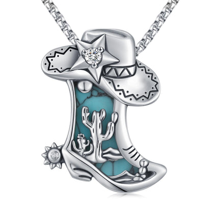 Midir&Etain Western Necklace 925 Sterling Silver Turquoise Pendant Highland Cow/Cow Skull/Hat/Tag/Cactus/Boot Cowgirl Country Jewelry for Women Men