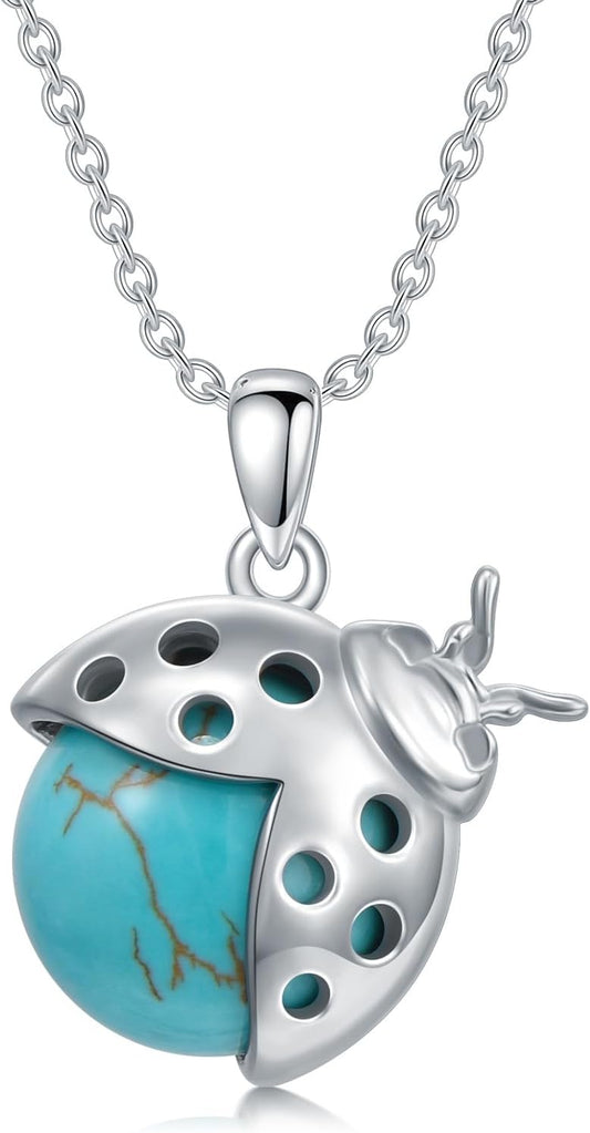 Natural Turquoise Ladybug Necklace for Women Western Turquoise Ladybug Pendant 925 Sterling Silver Ladies Miraculous Ladybug Jewelry Birthday Easter Gifts for Animal Lovers
