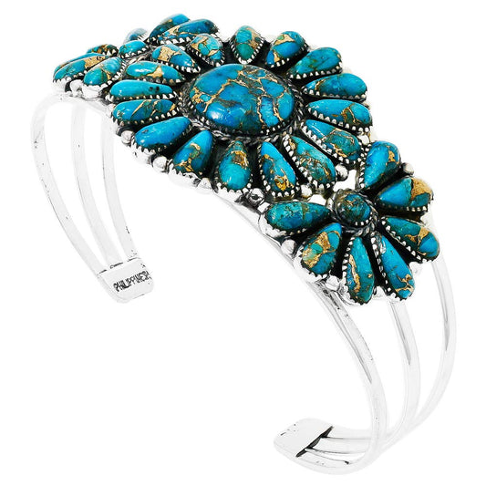 Turquoise Network Southwest Style Genuine Gemstones 925 Sterling Silver Cluster Bracelet