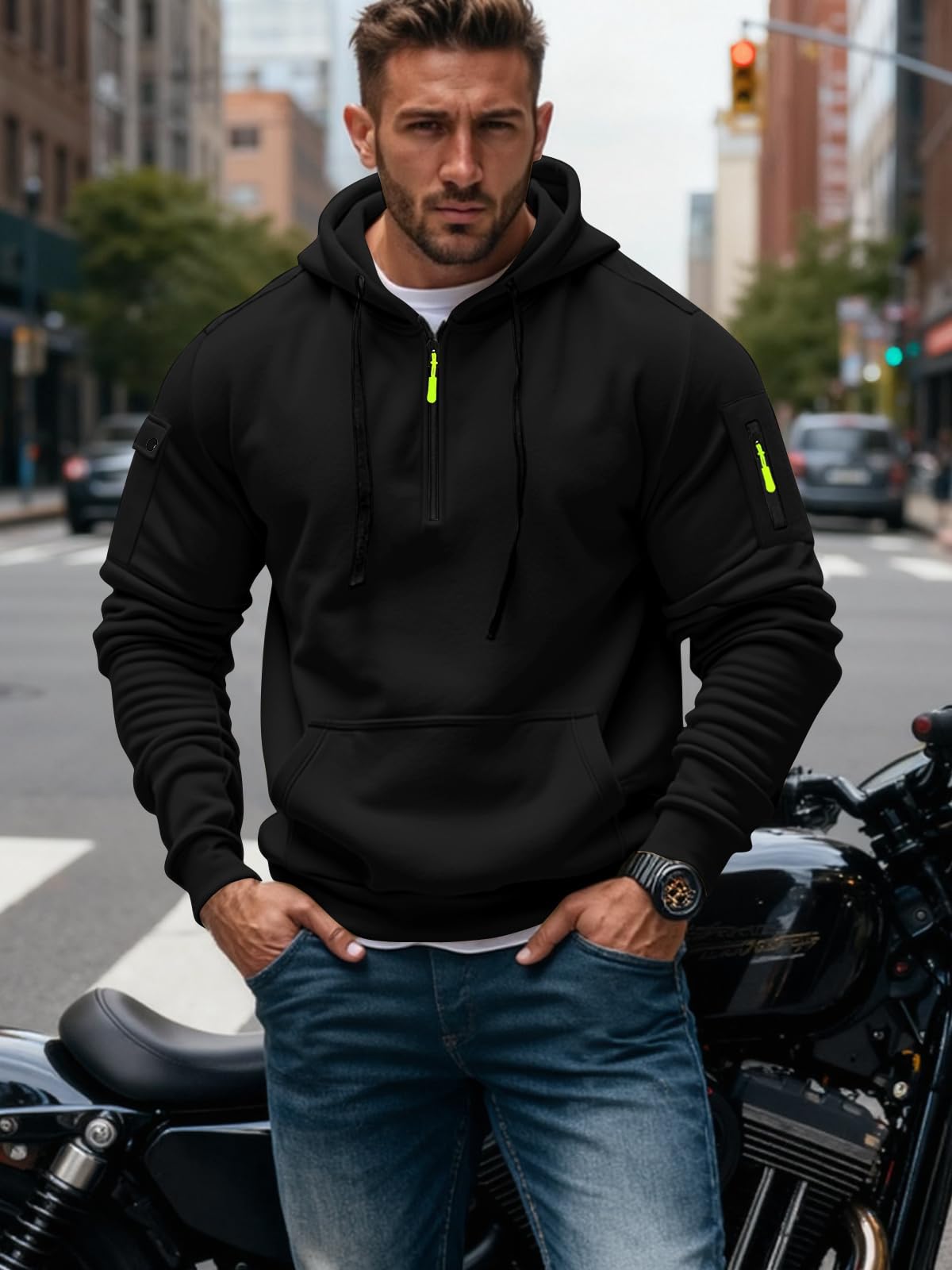 Men's Fleece Workout Athletic Pullover Hoodie Long Sleeve Basic Quarter Zip Pullover Sweatshirt with Kanga Pocket