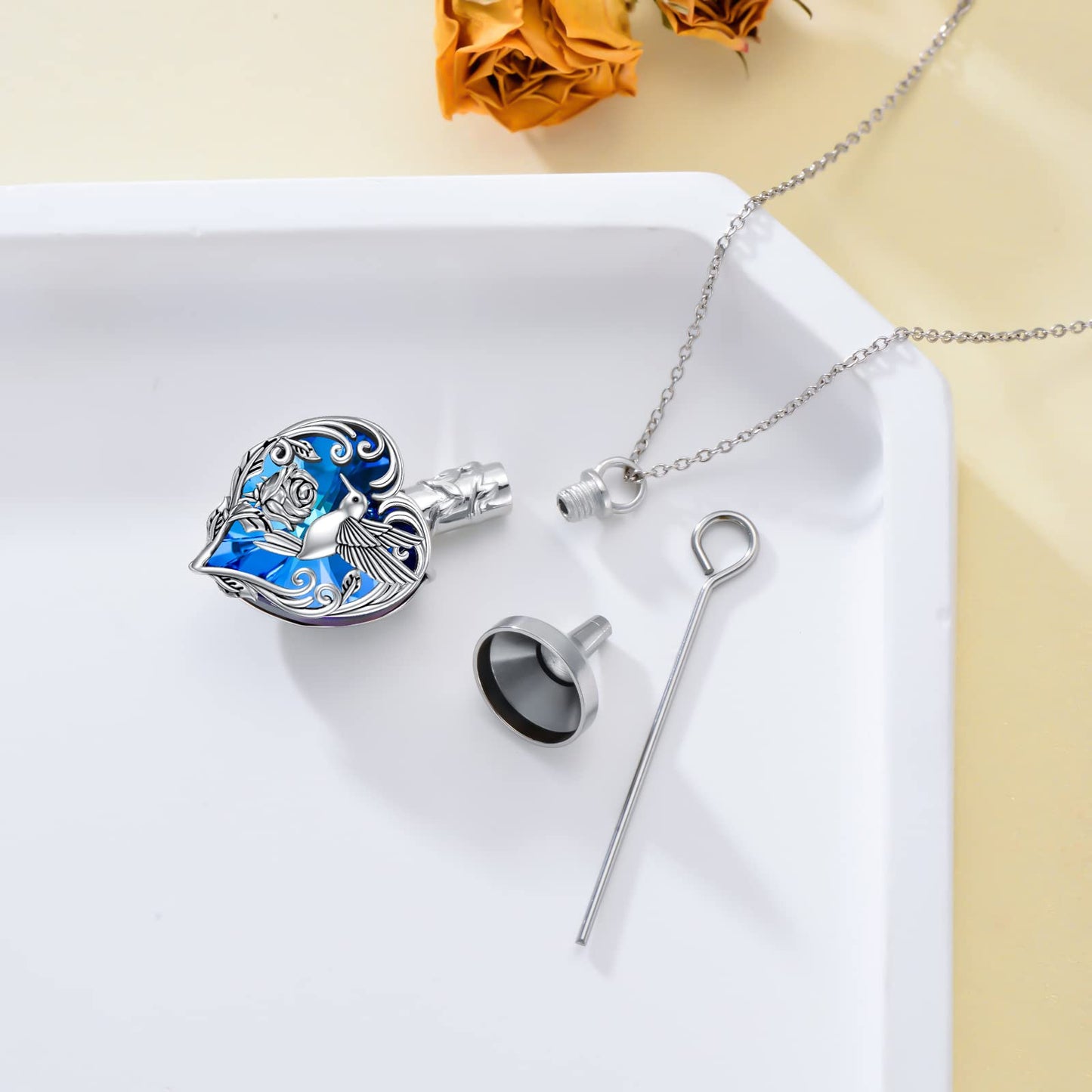 TOUPOP Hummingbird Urn Necklace for Ashes 925 Sterling Silver Heart Cremation Jewelry Keepsake Pendant with Funnel Filler Memorial Christmas Gifts for Women Mom Wife