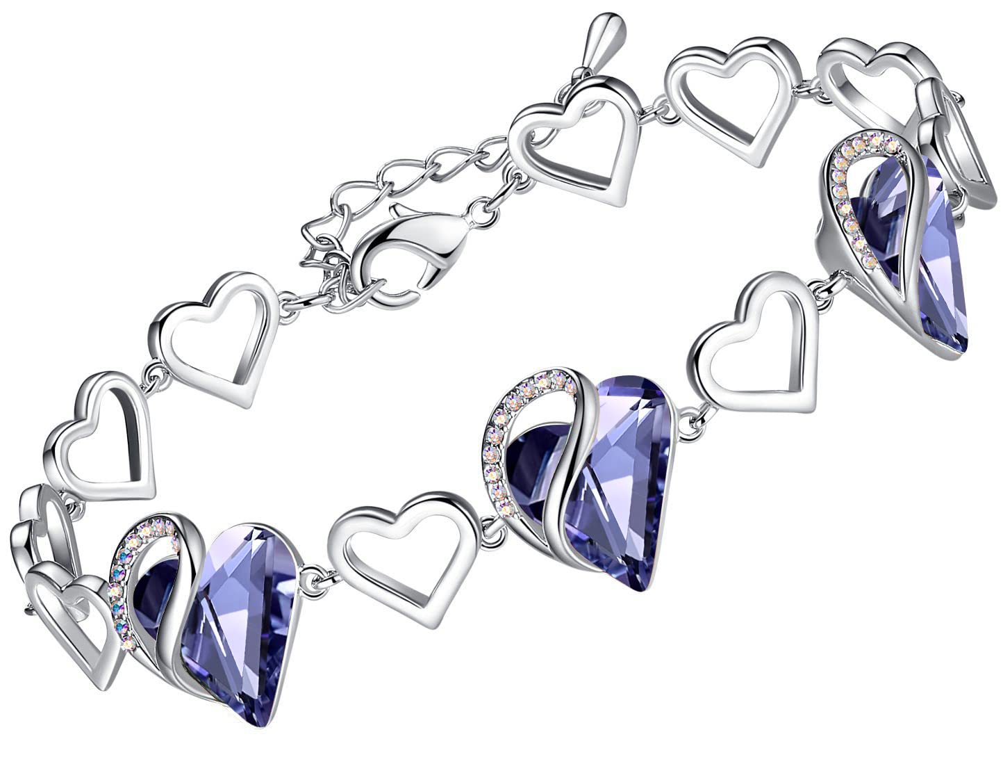 Leafael Infinity Love Heart Link Bracelets, Birthstone or Healing Stone Crystal Bracelet for Women, Silver Tone Jewelry Gifts for Her, 7-inch Chain and 2-inch Extender