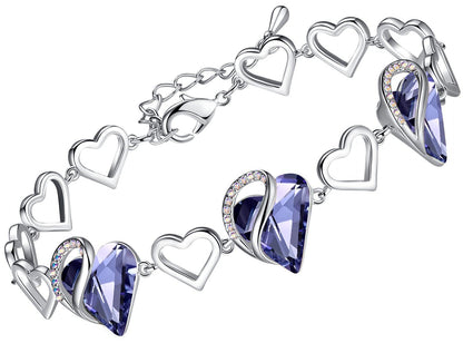 Leafael Infinity Love Heart Link Bracelets, Birthstone or Healing Stone Crystal Bracelet for Women, Silver Tone Jewelry Gifts for Her, 7-inch Chain and 2-inch Extender