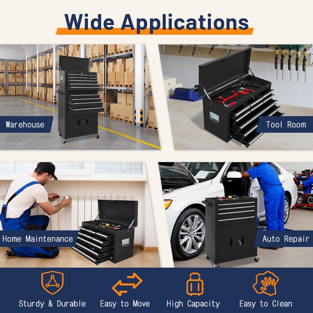 13-Drawer Double Door Rolling Tool Chest, 2 in 1 Detachable Tool Chest,Tool Box with Drawers and Wheels, Large Tool Cabinet with Lock, Metal Standing Toolbox for Garage Workshop-Red