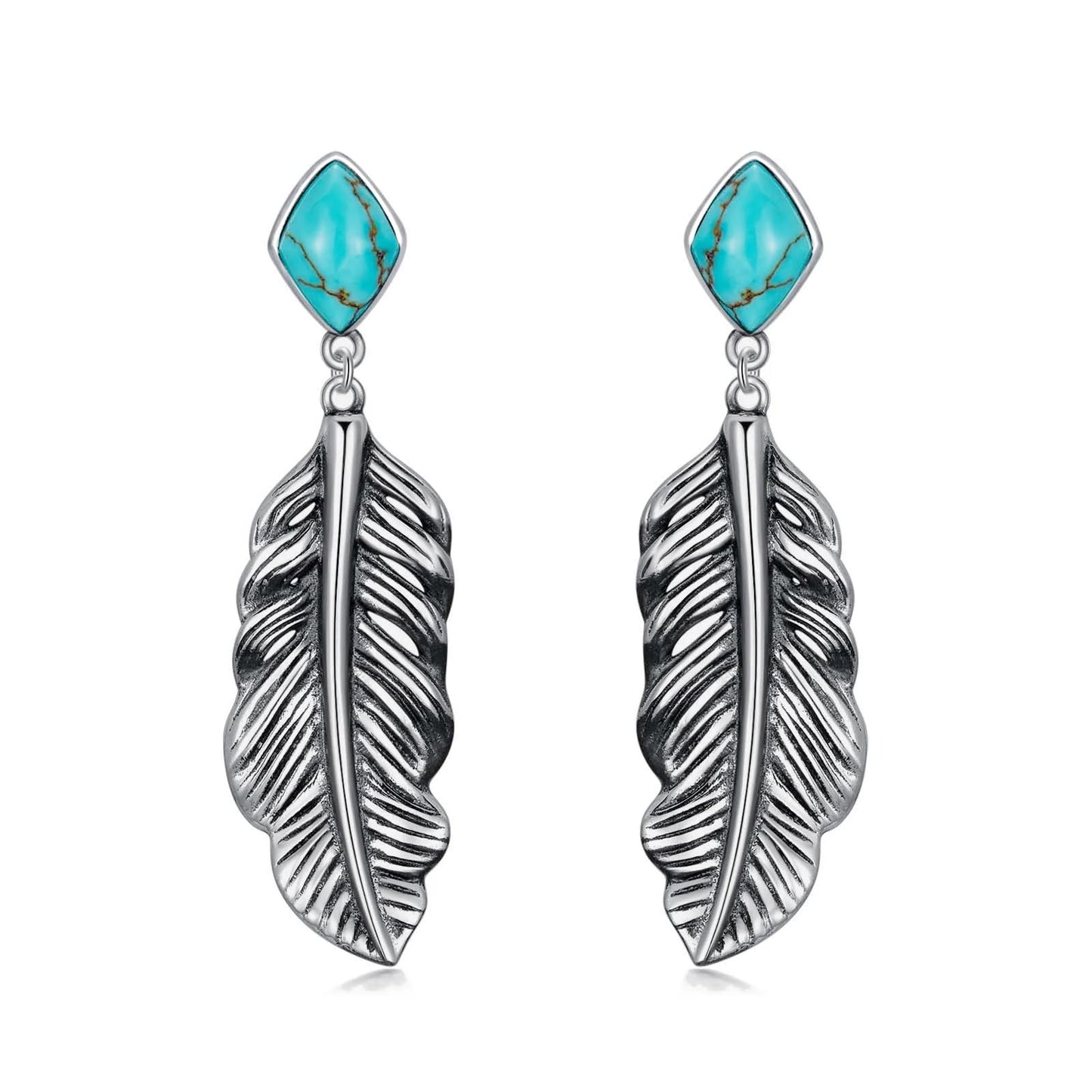Genuine Turquoise Leaf Earrings, Sterling Silver Dangle Drop Vintage Boho Feather Earrings Birthday Gift for Women