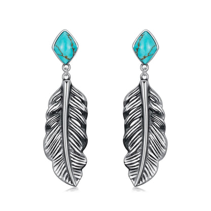 Genuine Turquoise Leaf Earrings, Sterling Silver Dangle Drop Vintage Boho Feather Earrings Birthday Gift for Women