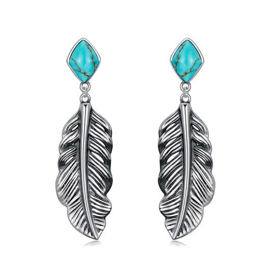 Genuine Turquoise Leaf Earrings, Sterling Silver Dangle Drop Vintage Boho Feather Earrings Birthday Gift for Women