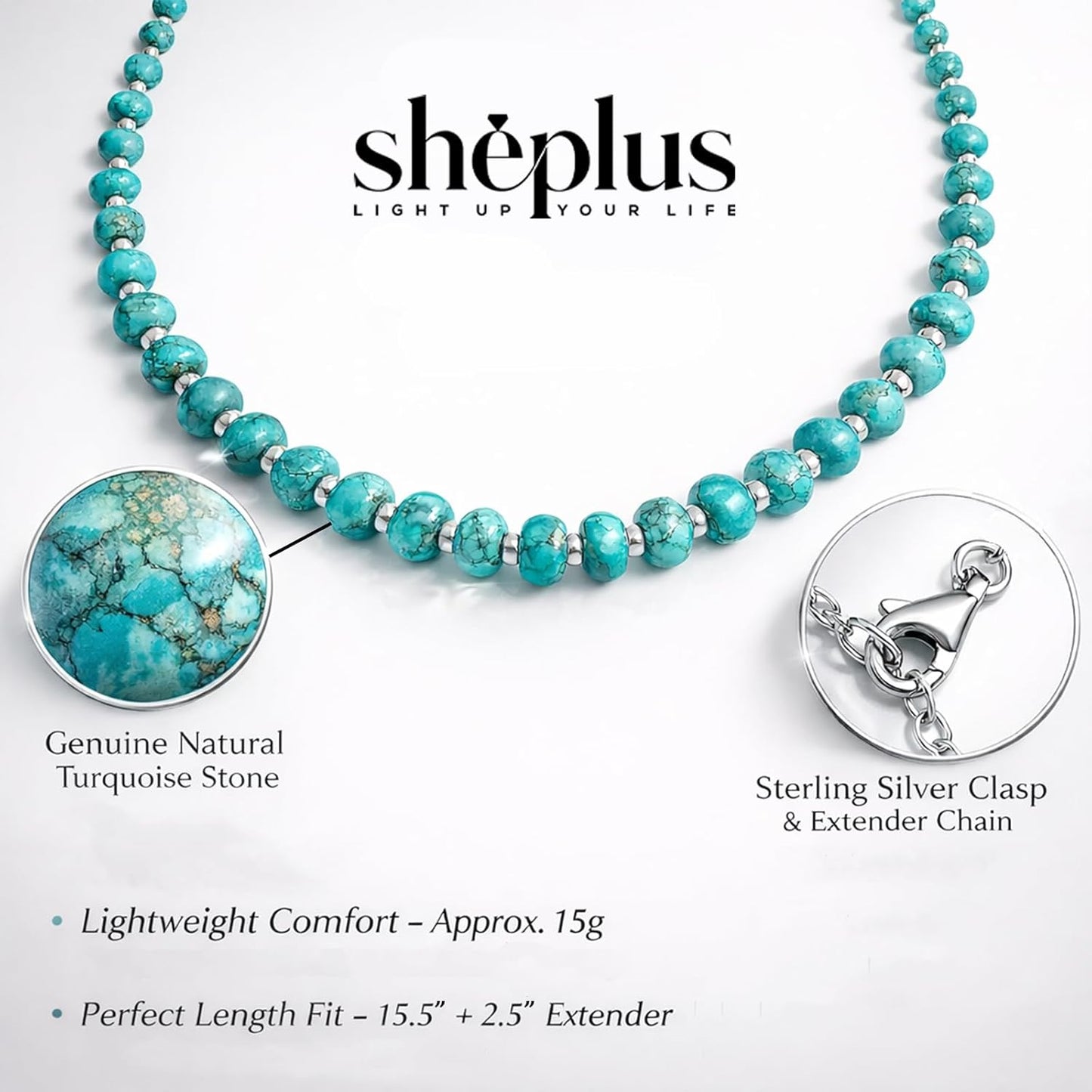 Sheplus Valentines Day Gift - 925 Sterling Silver Genuine Turquoise Beaded Choker Necklace Real Western Jewelry for Anniversary Wife