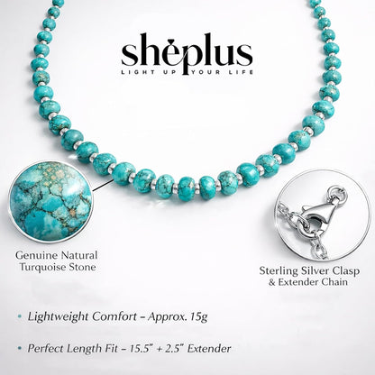 Sheplus Valentines Day Gift - 925 Sterling Silver Genuine Turquoise Beaded Choker Necklace Real Western Jewelry for Anniversary Wife