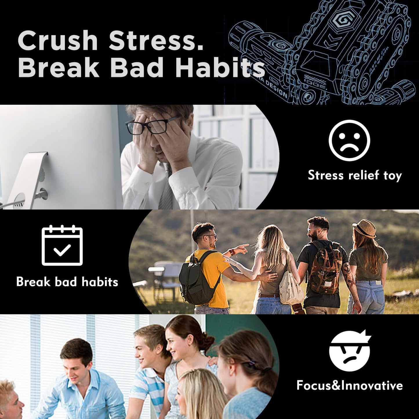 4 in 1 Fidget Slider Roller Chain Spinner Combo, Metal Chain Fidget Toy with Tactile Feedback & Clicking Sounds, Stress Relief Sensory Toy for Adults, Focus Tool for Work Study Waiting