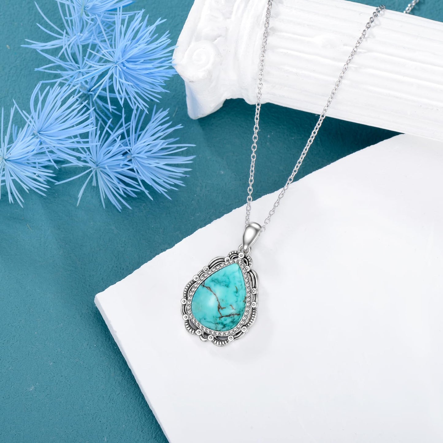 Turquoise Necklace 925 Sterling Silver Natural Turquoise Gemstone Pendant Vintage Bohemian Western Jewelry Gifts for Women