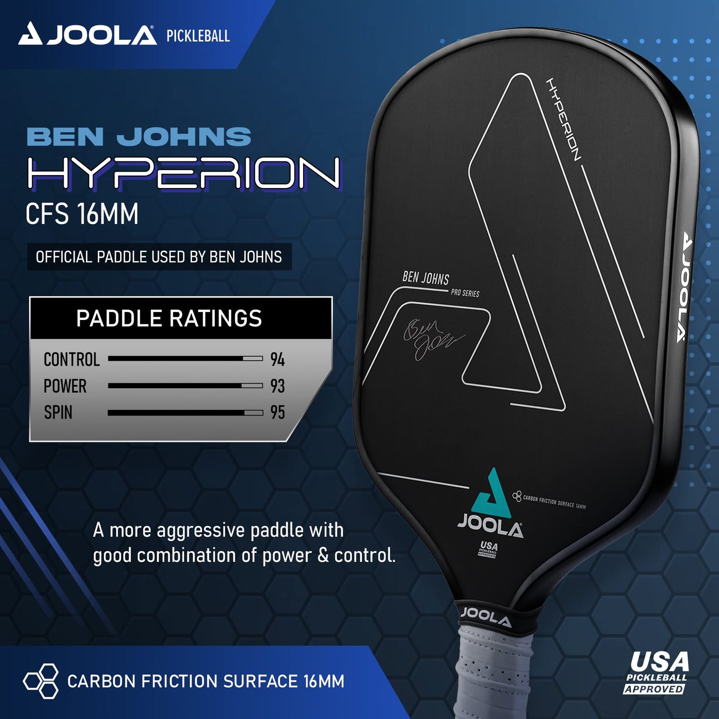 JOOLA Ben Johns Hyperion CFS Pickleball Paddle – Carbon Surface with High Grit & Spin, Elongated Handle, USAPA Approved Ben Johns Paddle