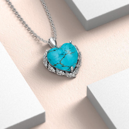 Genuine Gemstone Heart Necklaces for Women 925 Sterling Silver Natural Turquoise/Rose Quartz/Moonstone Pendant Vintage Western Jewelry Gift for Mom Wife Her